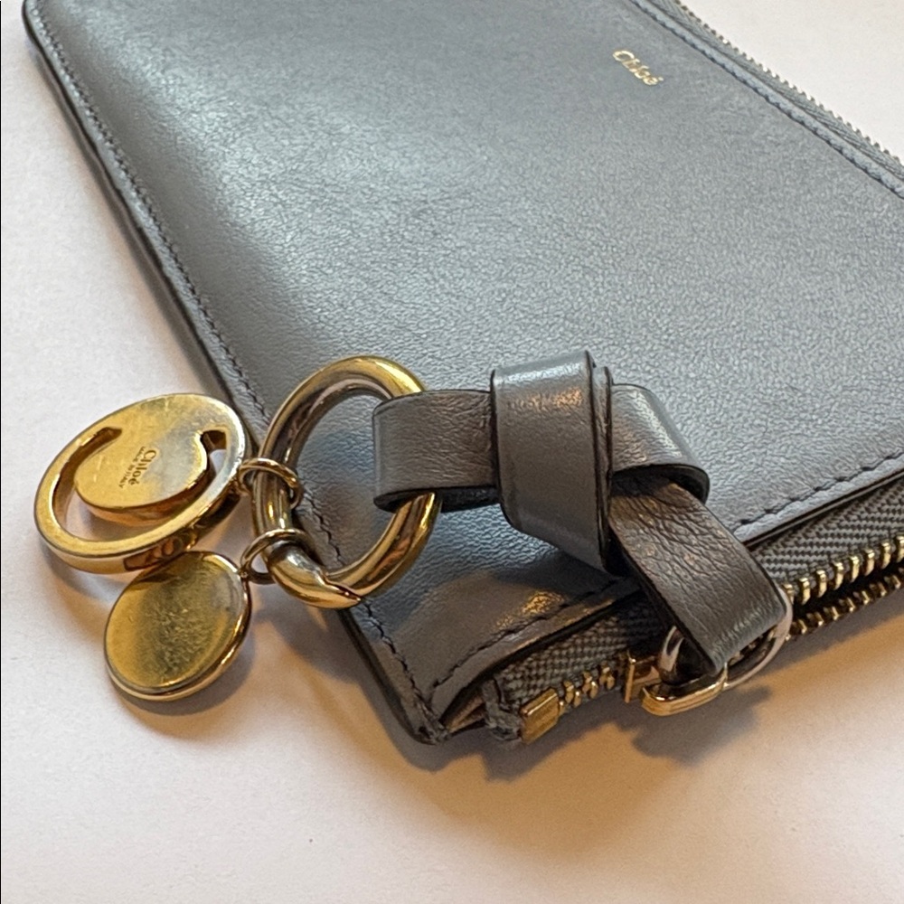 Chloe Alphabet Wallet Card Holder smooth blue gray leather gold hardware C charm - Picture 7 of 14